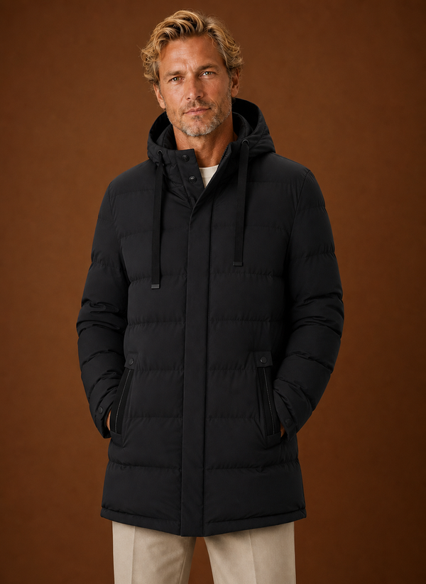 Lange puffer jas heren zwart met capuchon, vooraanzicht – Estrani