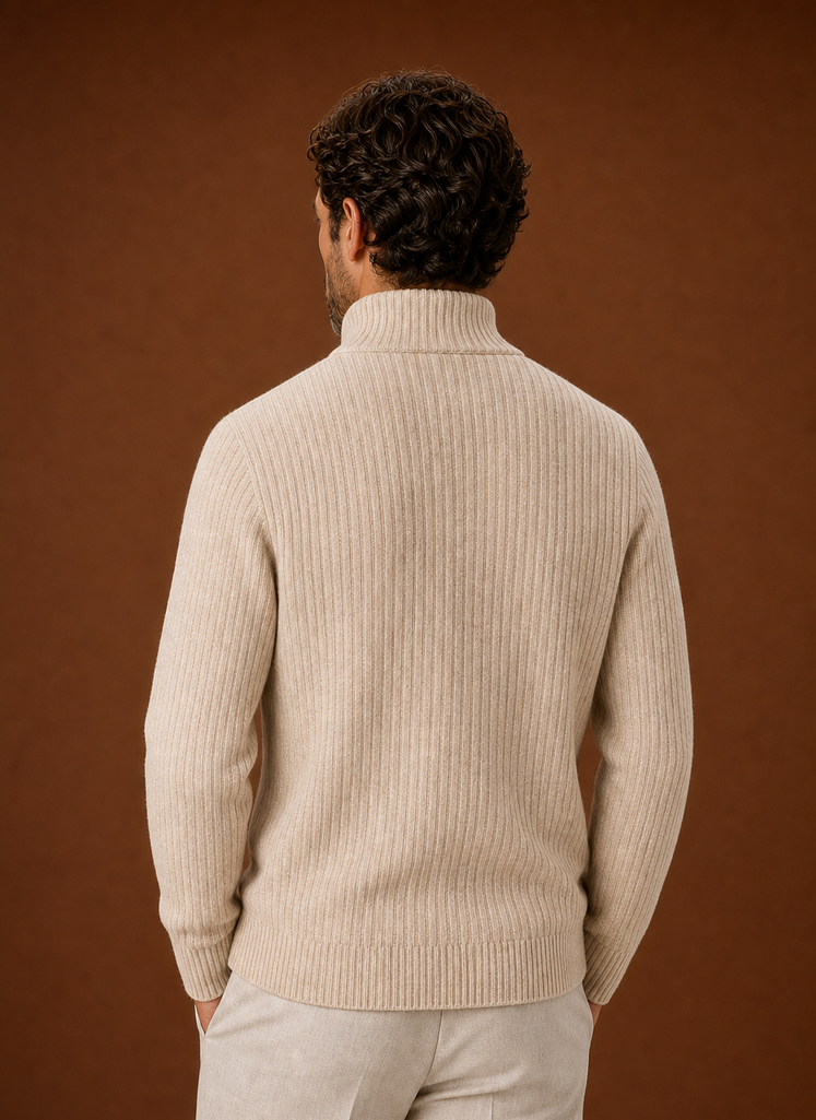 Men's Full Zip Sweater - Ribbed High Collar Knit Jacket | Areleon