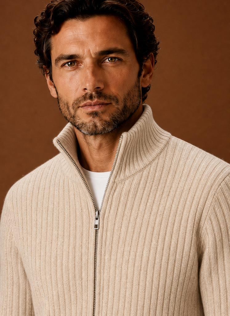 Men's Full Zip Sweater - Ribbed High Collar Knit Jacket | Areleon