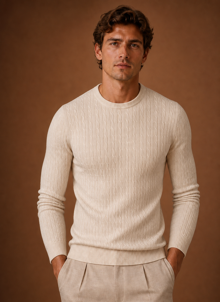 Men's Cable Knit Sweater - Slim Fit Crew Neck Pullover | Areleon
