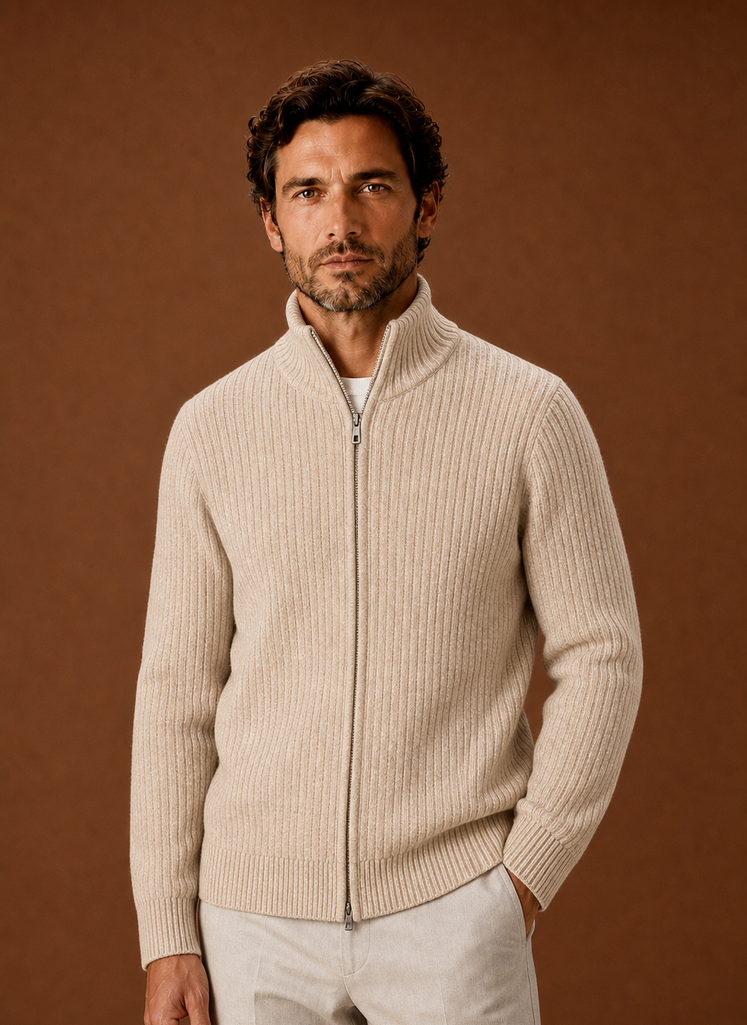 Men's Full Zip Sweater - Ribbed High Collar Knit Jacket | Areleon
