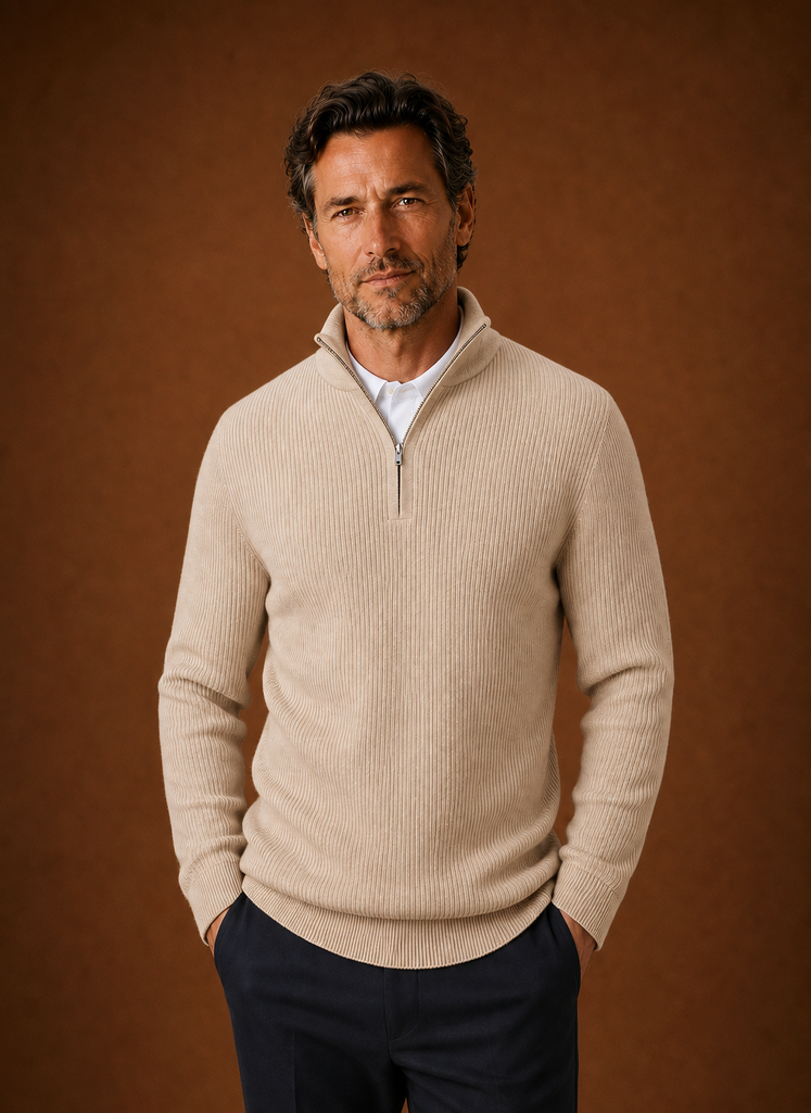 Men's Quarter Zip Sweater - Ribbed High Neck Pullover | Areleon