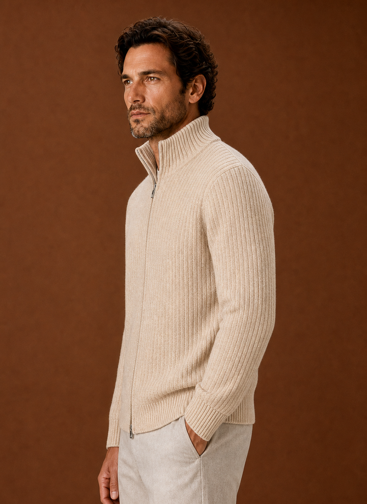 Men's Full Zip Sweater - Ribbed High Collar Knit Jacket | Areleon