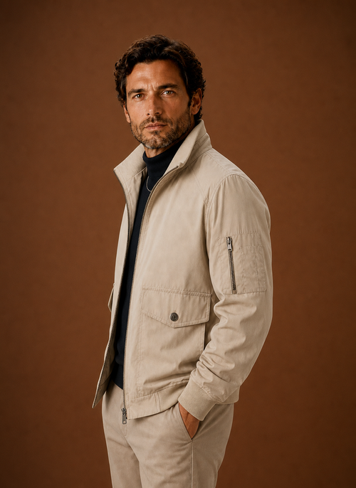 Bomberjack heren beige, zijaanzicht – Estrani