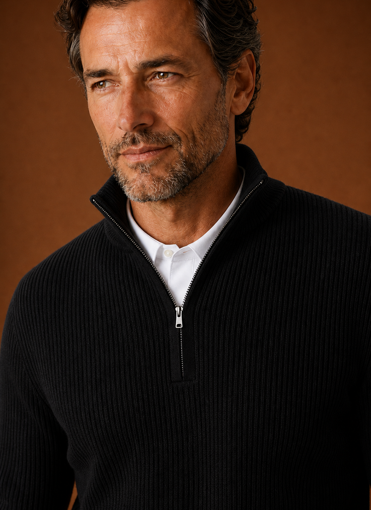 Men's Quarter Zip Sweater - Ribbed High Neck Pullover | Areleon