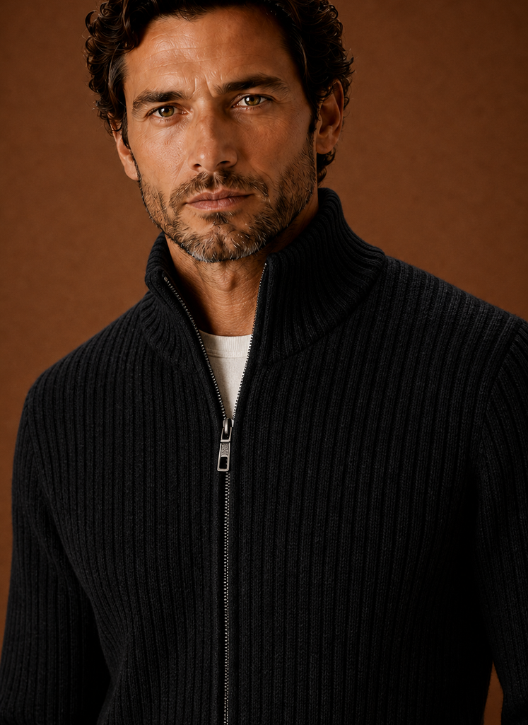 Men's Full Zip Sweater - Ribbed High Collar Knit Jacket | Areleon