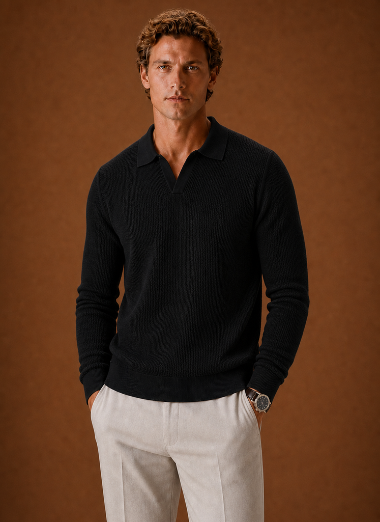 Men's Textured Knit Polo Sweater - Long Sleeve Pullover | Areleon