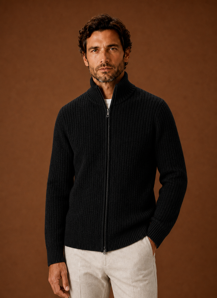 Men's Full Zip Sweater - Ribbed High Collar Knit Jacket | Areleon