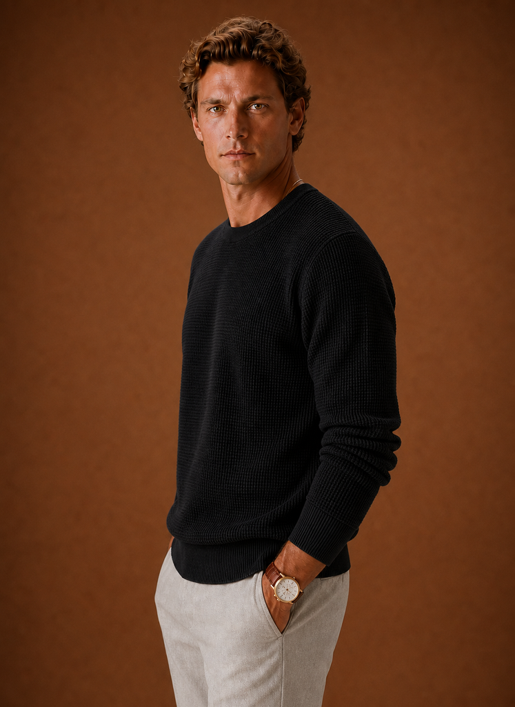 Men's Crew Neck Sweater - Textured Waffle Knit Pullover | Areleon