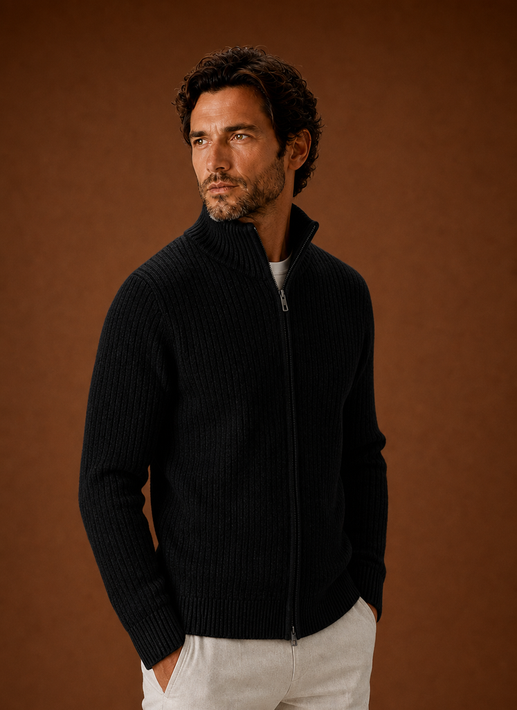 Men's Full Zip Sweater - Ribbed High Collar Knit Jacket | Areleon
