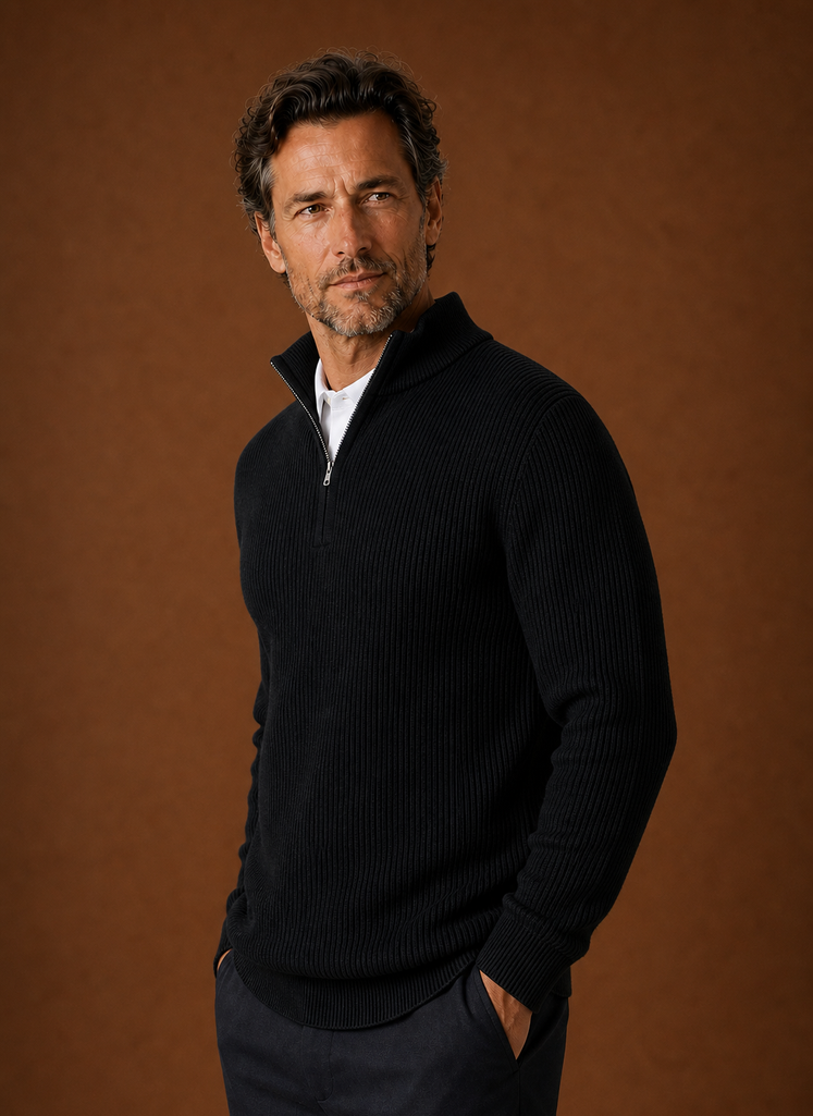 Men's Quarter Zip Sweater - Ribbed High Neck Pullover | Areleon