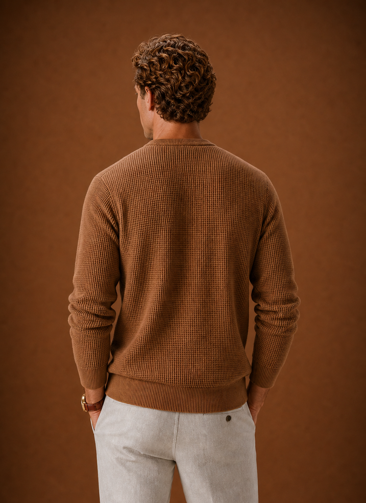Men's Crew Neck Sweater - Textured Waffle Knit Pullover | Areleon