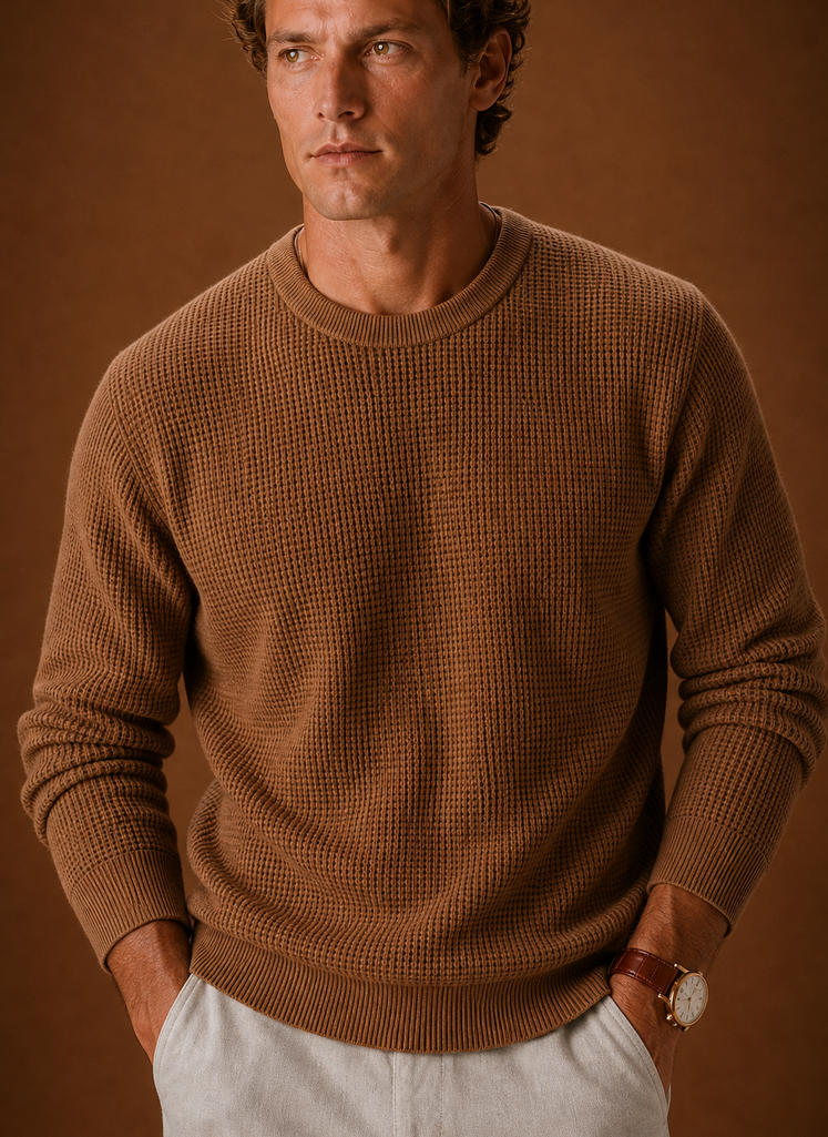 Men's Crew Neck Sweater - Textured Waffle Knit Pullover | Areleon