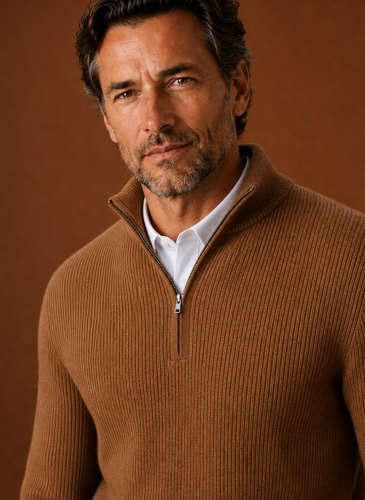 Men's Quarter Zip Sweater - Ribbed High Neck Pullover | Areleon