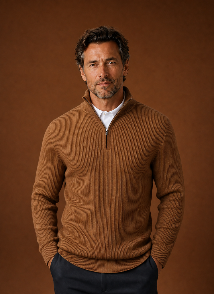 Men's Quarter Zip Sweater - Ribbed High Neck Pullover | Areleon