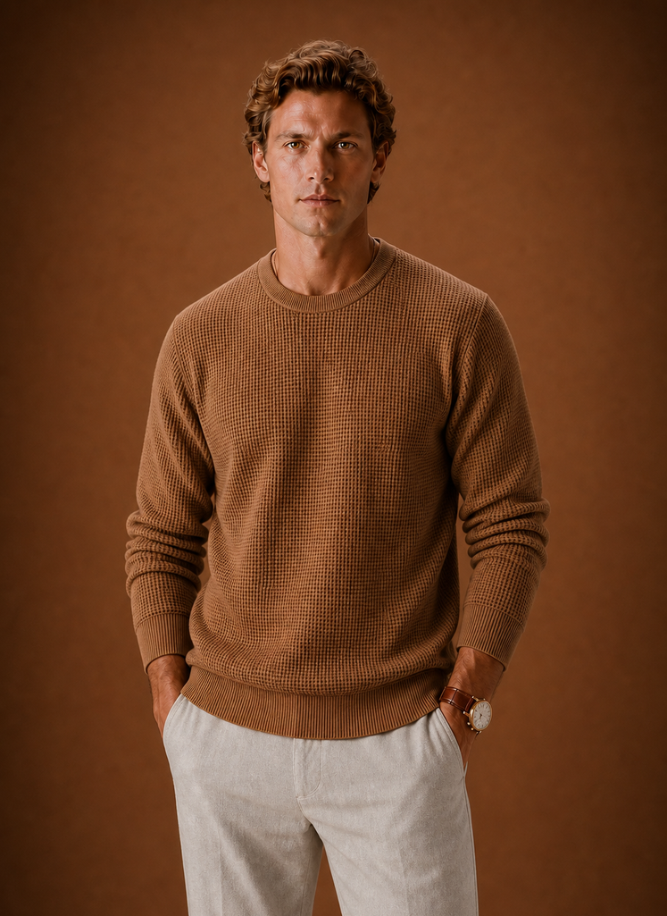 Men's Crew Neck Sweater - Textured Waffle Knit Pullover | Areleon