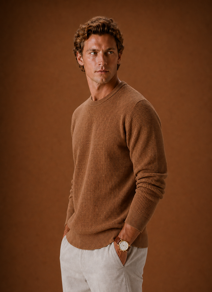 Men's Crew Neck Sweater - Textured Waffle Knit Pullover | Areleon