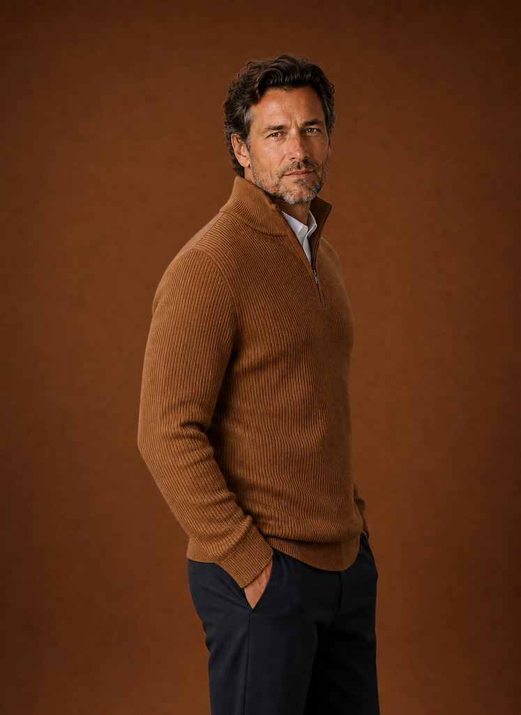 Men's Quarter Zip Sweater - Ribbed High Neck Pullover | Areleon