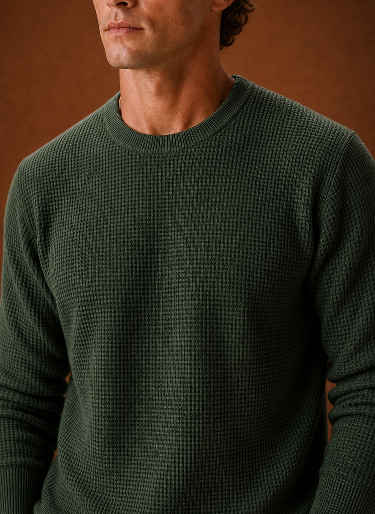 Men's Crew Neck Sweater - Textured Waffle Knit Pullover | Areleon