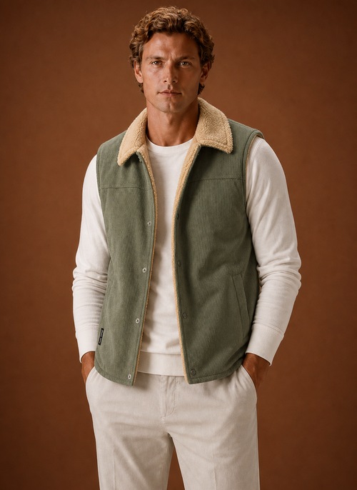 Bodywarmer heren groen van corduroy met teddyvoering, vooraanzicht – Estrani