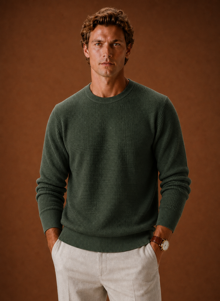 Men's Crew Neck Sweater - Textured Waffle Knit Pullover | Areleon