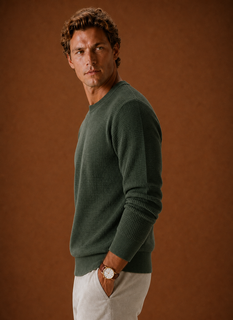 Men's Crew Neck Sweater - Textured Waffle Knit Pullover | Areleon