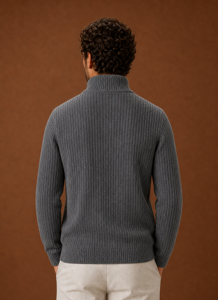 Men's Full Zip Sweater - Ribbed High Collar Knit Jacket | Areleon