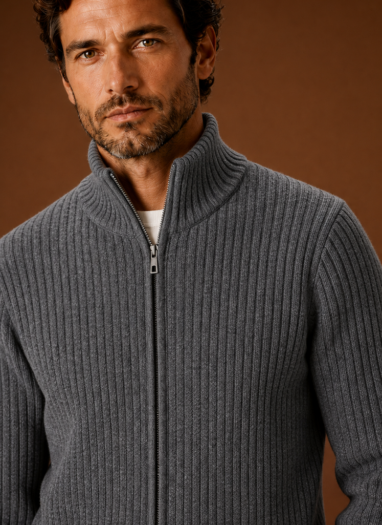 Men's Full Zip Sweater - Ribbed High Collar Knit Jacket | Areleon