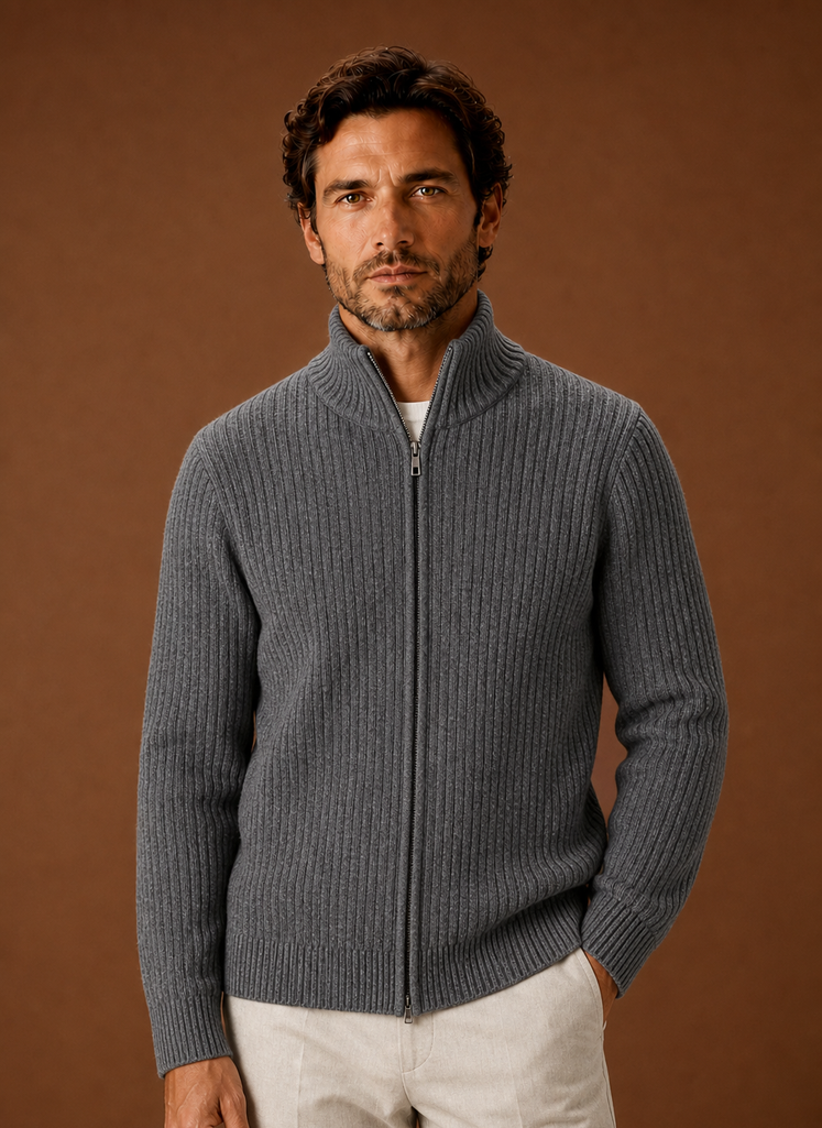 Men's Full Zip Sweater - Ribbed High Collar Knit Jacket | Areleon
