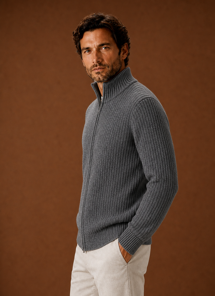 Men's Full Zip Sweater - Ribbed High Collar Knit Jacket | Areleon