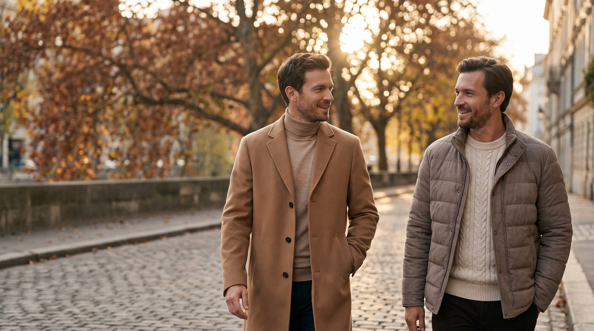Twee mannen in een kameelkleurige overjas en een taupe gewatteerde jas in de herfst
