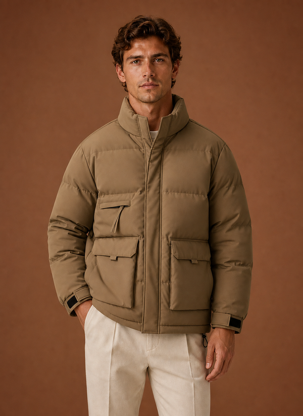 Puffer jas heren khaki met hoge kraag, vooraanzicht – Estrani