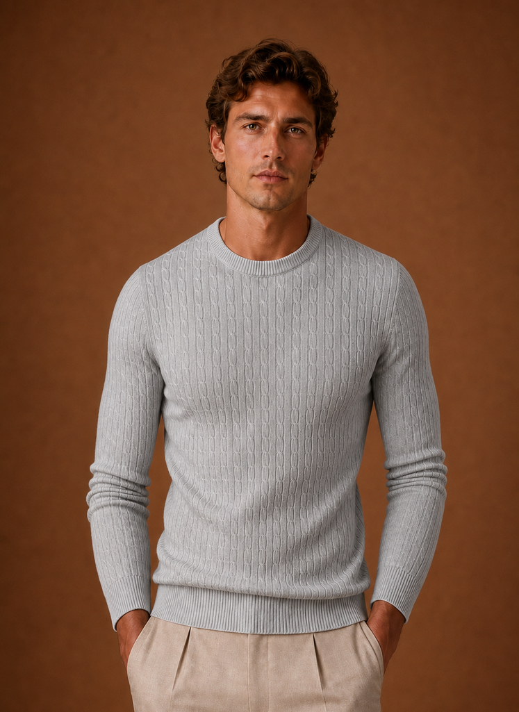 Men's Cable Knit Sweater - Slim Fit Crew Neck Pullover | Areleon