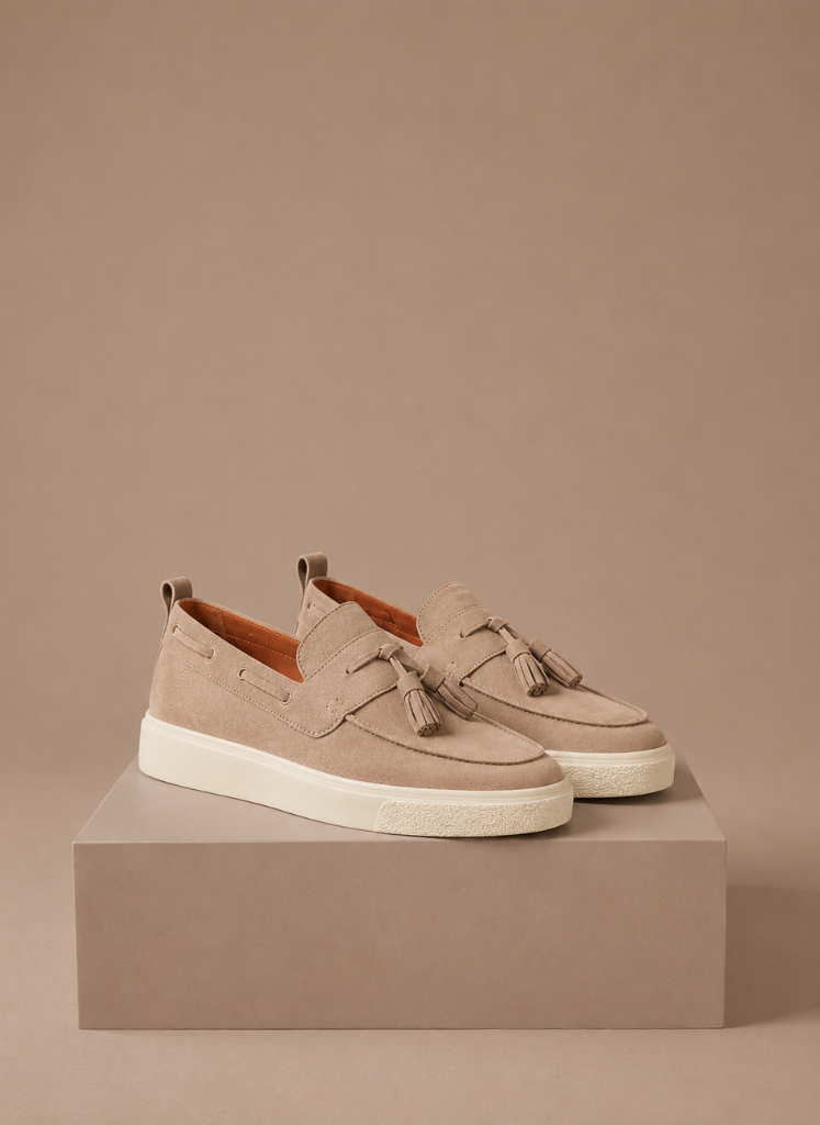 Loafer sneakers heren in beige met kwastjes – Estrani