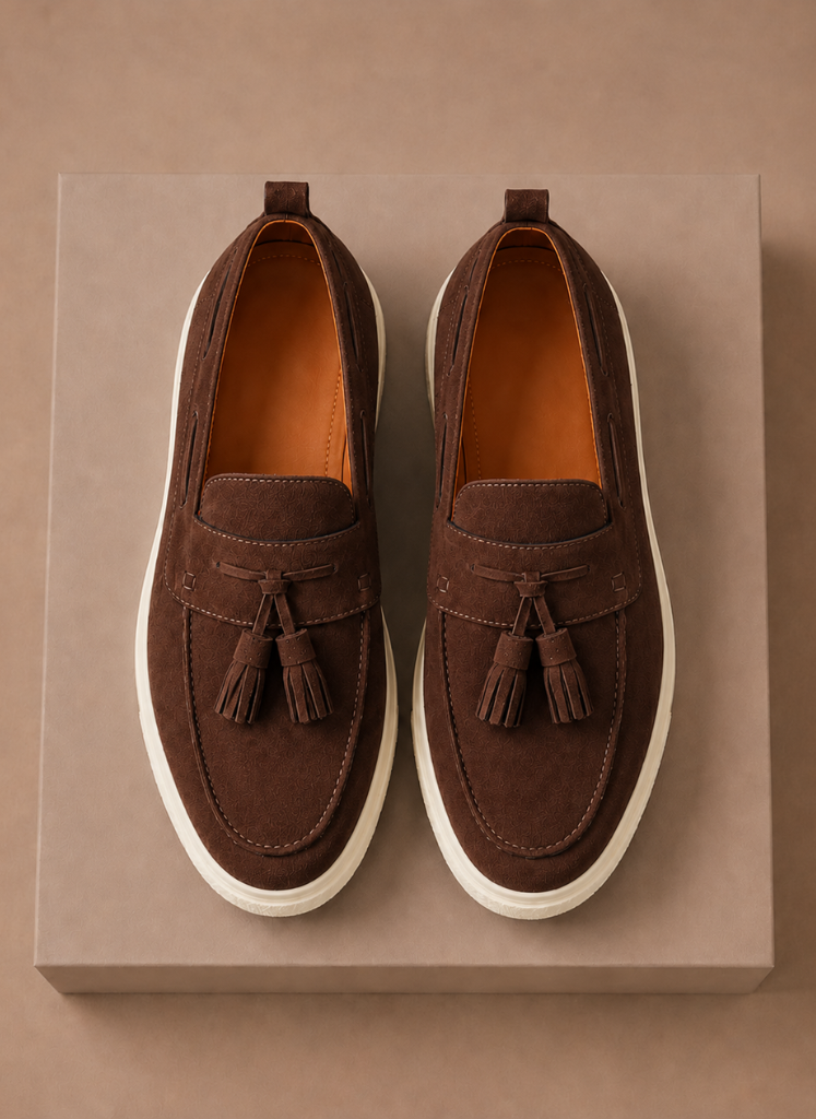 Loafer sneakers heren met kwastjes, schuin vooraanzicht – Estrani