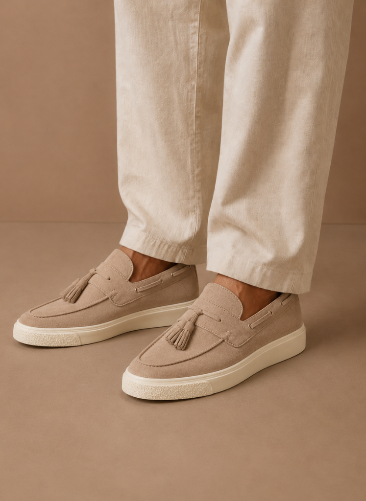 Loafer sneakers heren in beige, zijaanzicht – Estrani