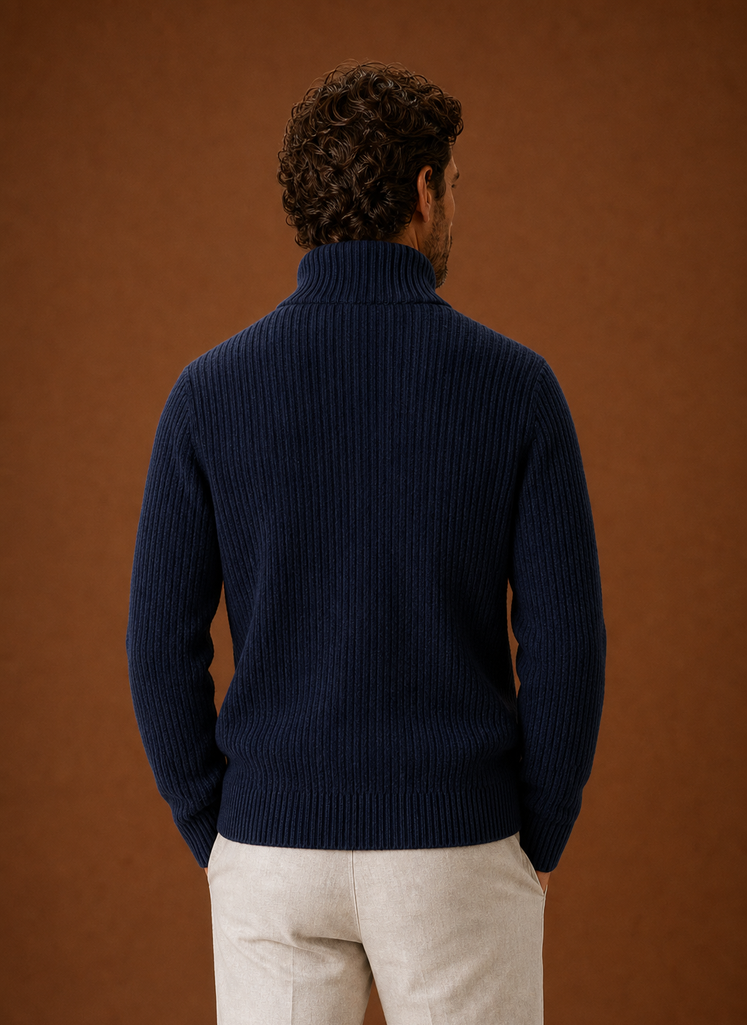 Men's Full Zip Sweater - Ribbed High Collar Knit Jacket | Areleon