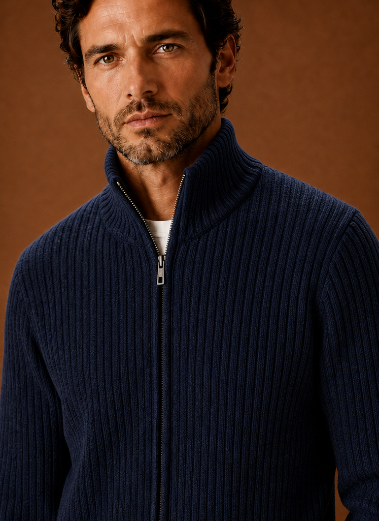 Men's Full Zip Sweater - Ribbed High Collar Knit Jacket | Areleon