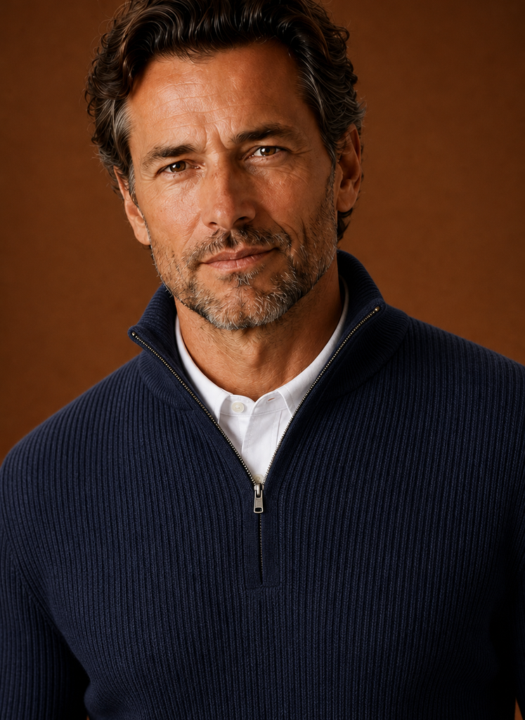 Men's Quarter Zip Sweater - Ribbed High Neck Pullover | Areleon