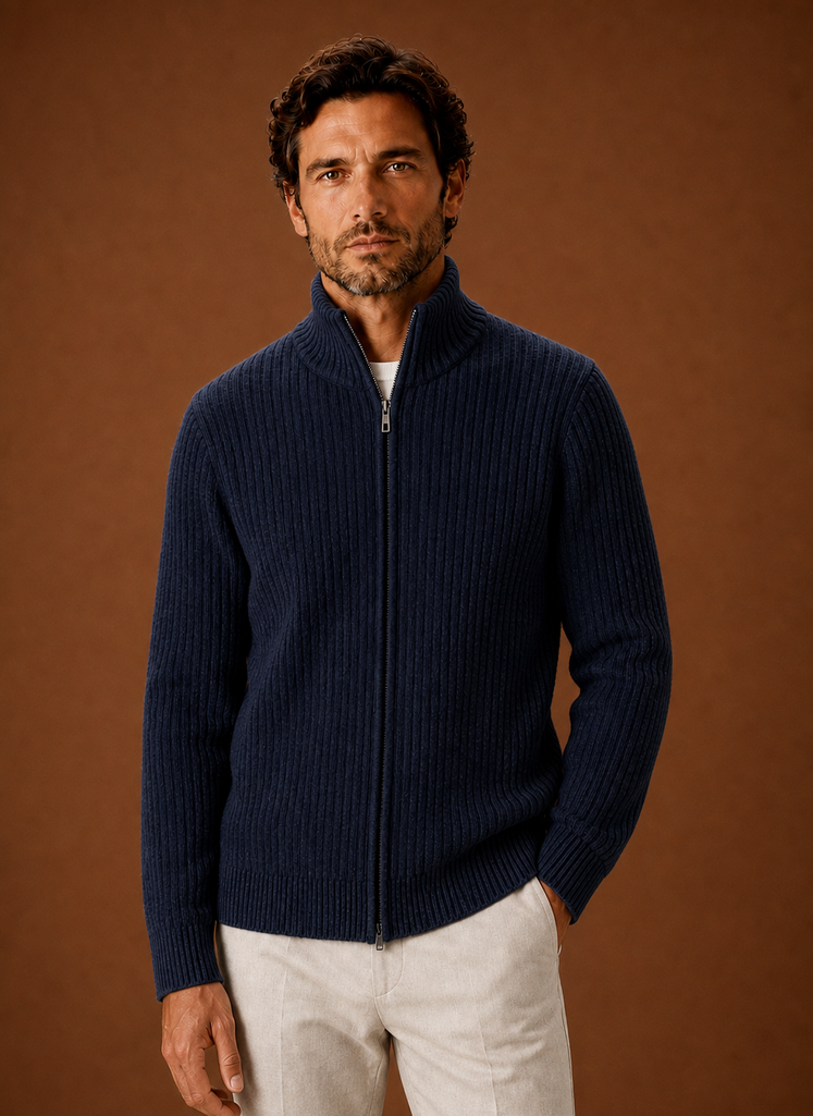 Men's Full Zip Sweater - Ribbed High Collar Knit Jacket | Areleon