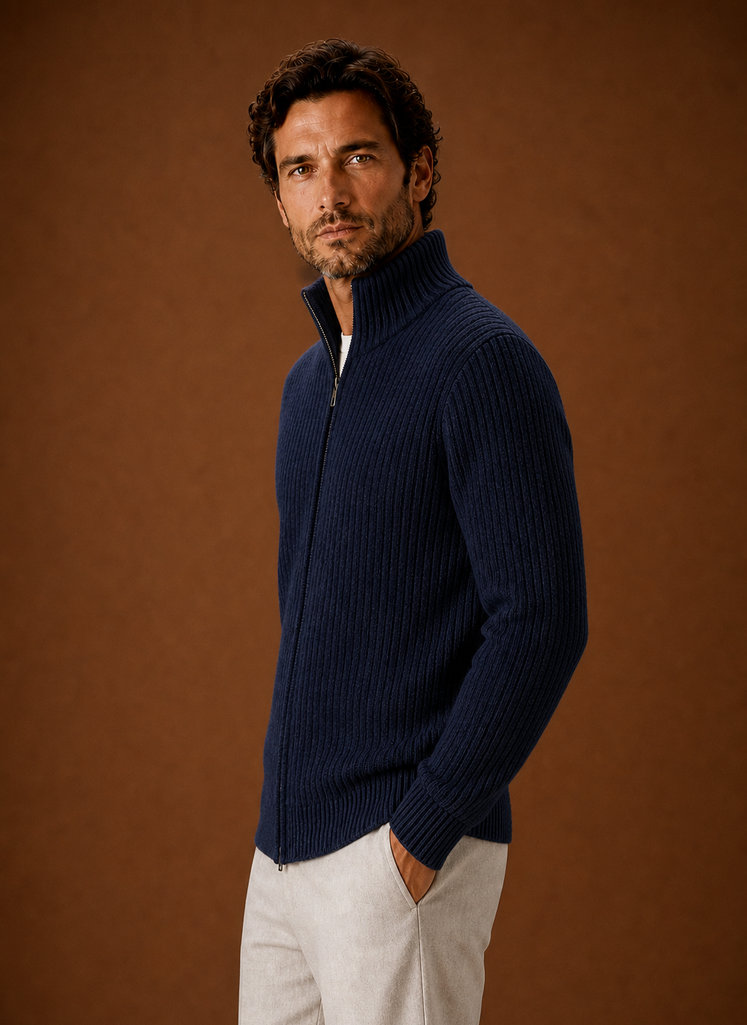 Men's Full Zip Sweater - Ribbed High Collar Knit Jacket | Areleon