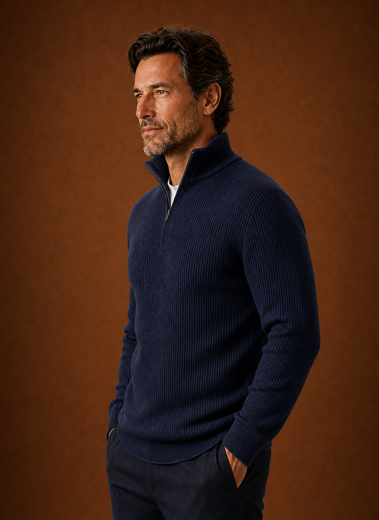 Men's Quarter Zip Sweater - Ribbed High Neck Pullover | Areleon