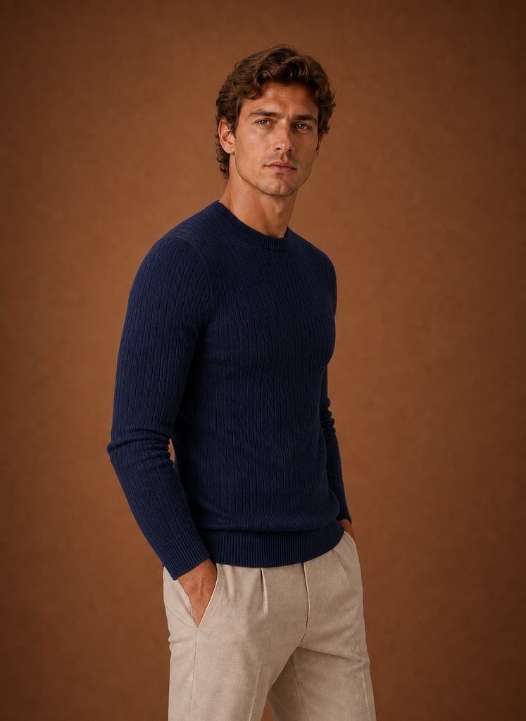 Men's Cable Knit Sweater - Slim Fit Crew Neck Pullover | Areleon