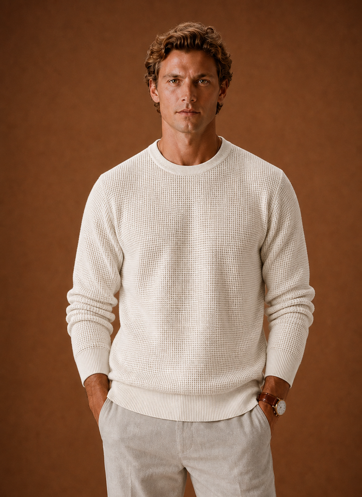 Men's Crew Neck Sweater - Textured Waffle Knit Pullover | Areleon