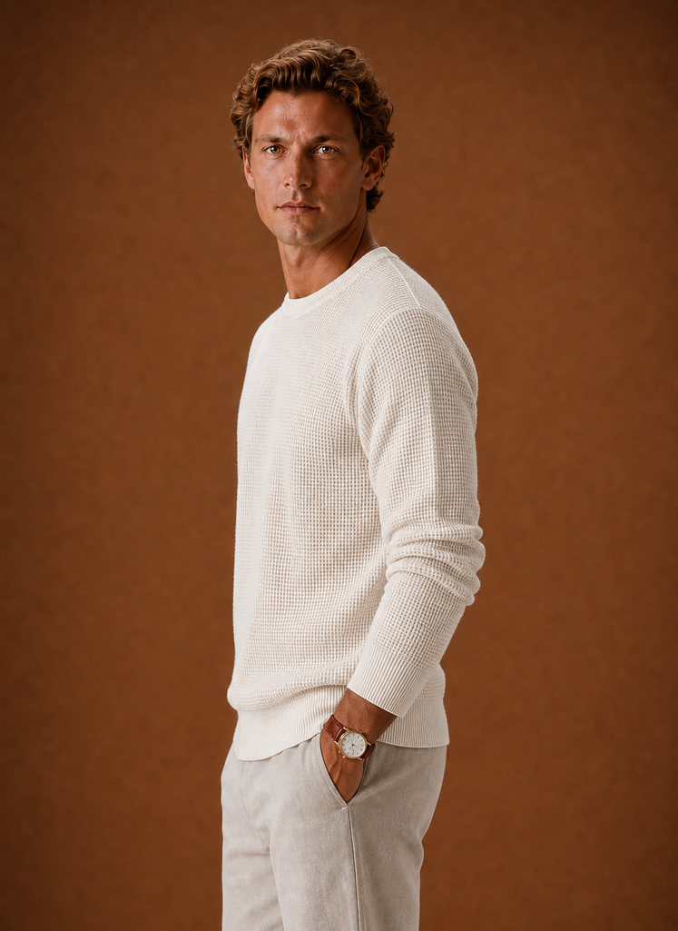 Men's Crew Neck Sweater - Textured Waffle Knit Pullover | Areleon