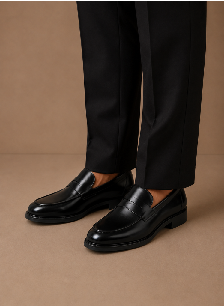 Penny loafers heren in zwart, zijaanzicht – Estrani