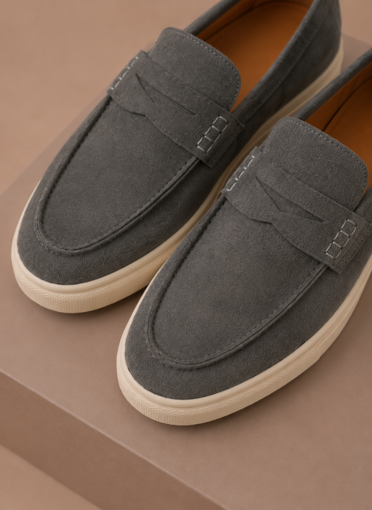 Penny loafers heren in grijs, zijaanzicht – Estrani