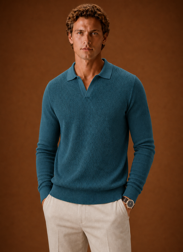Men's Textured Knit Polo Sweater - Long Sleeve Pullover | Areleon