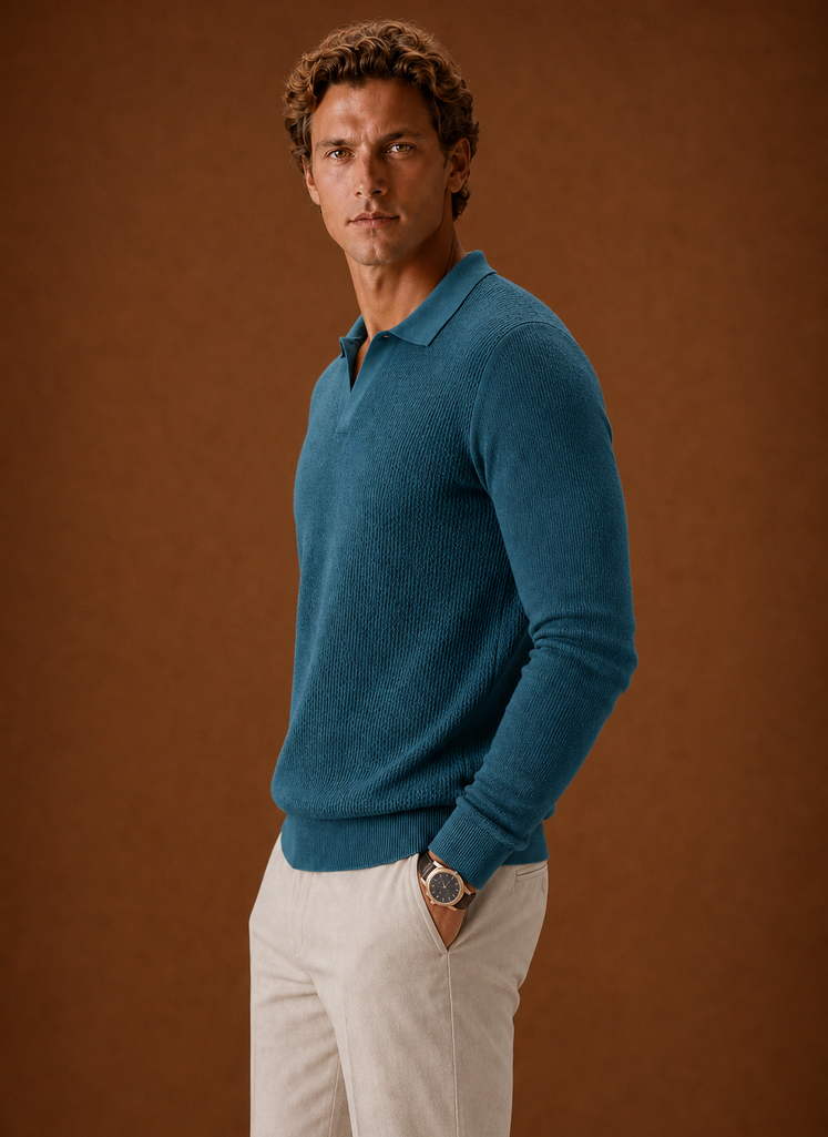 Men's Textured Knit Polo Sweater - Long Sleeve Pullover | Areleon