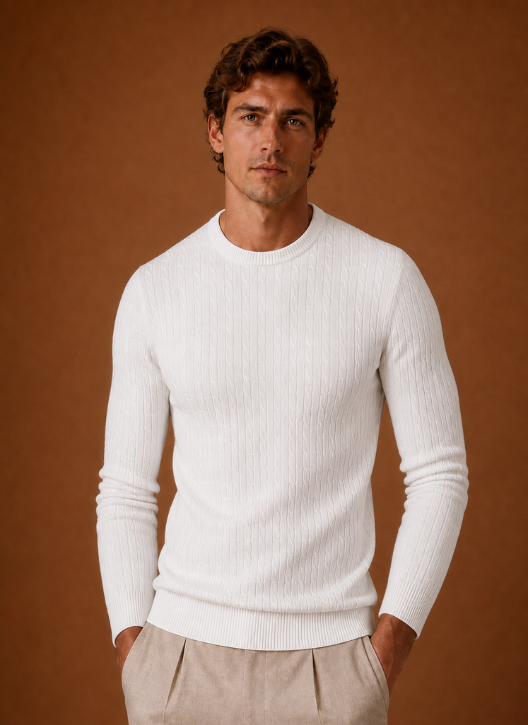 Men's Cable Knit Sweater - Slim Fit Crew Neck Pullover | Areleon